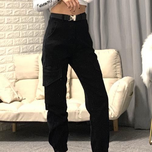 Ladies Overalls Casual High Waist Straight Pants-Black L