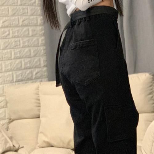 Ladies Overalls Casual High Waist Straight Pants-Black L