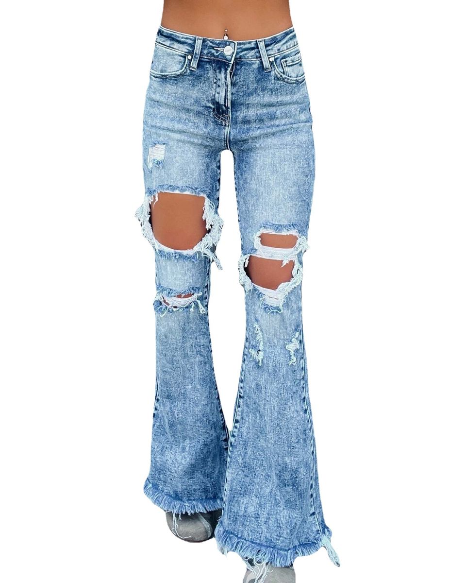 Women Hole Wide Leg Denim Trousers Lady Jeans