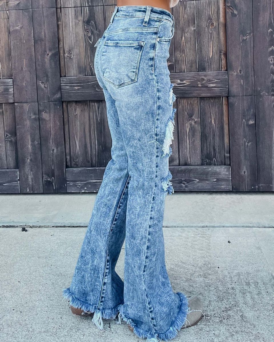 Women Hole Wide Leg Denim Trousers Lady Jeans