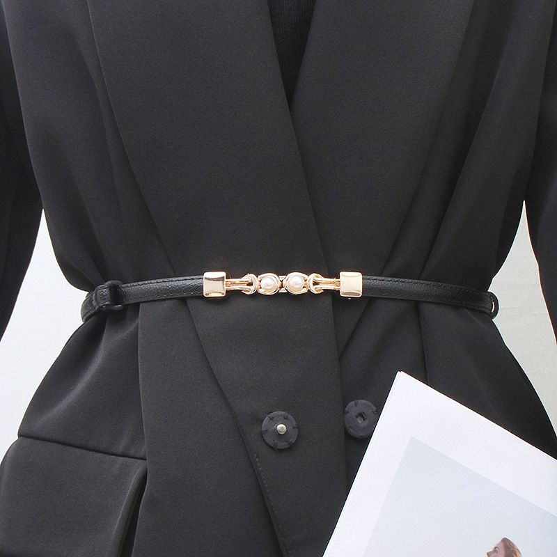 Ladies Belt Pearl Buckle  Waist Belt-Black