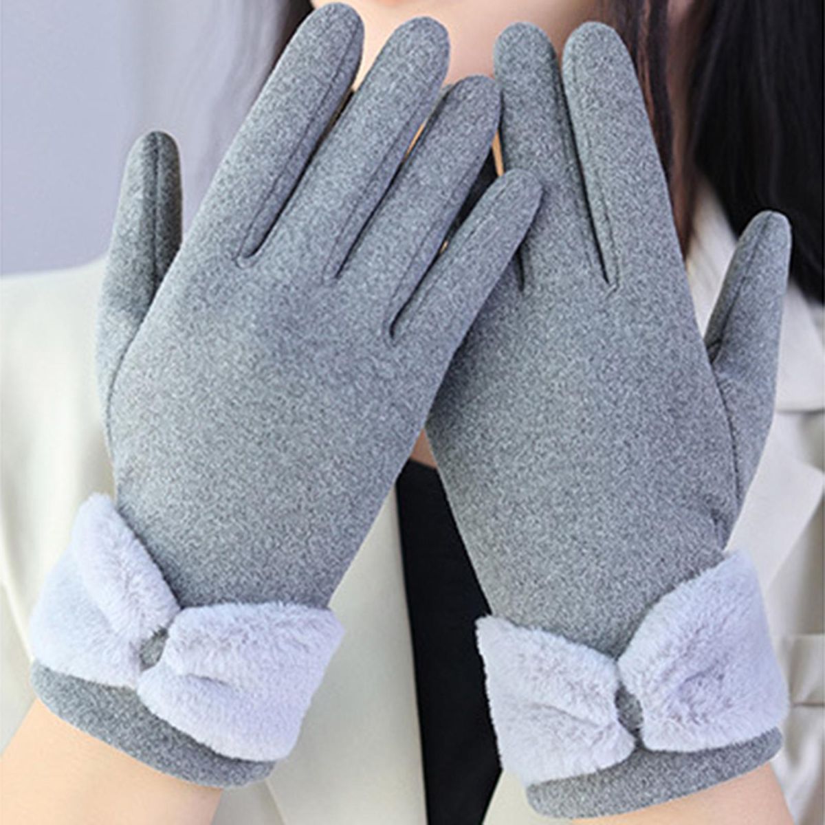 1 Pair Thermal Women Winter Double-sided Fleece Hand Protector Grey