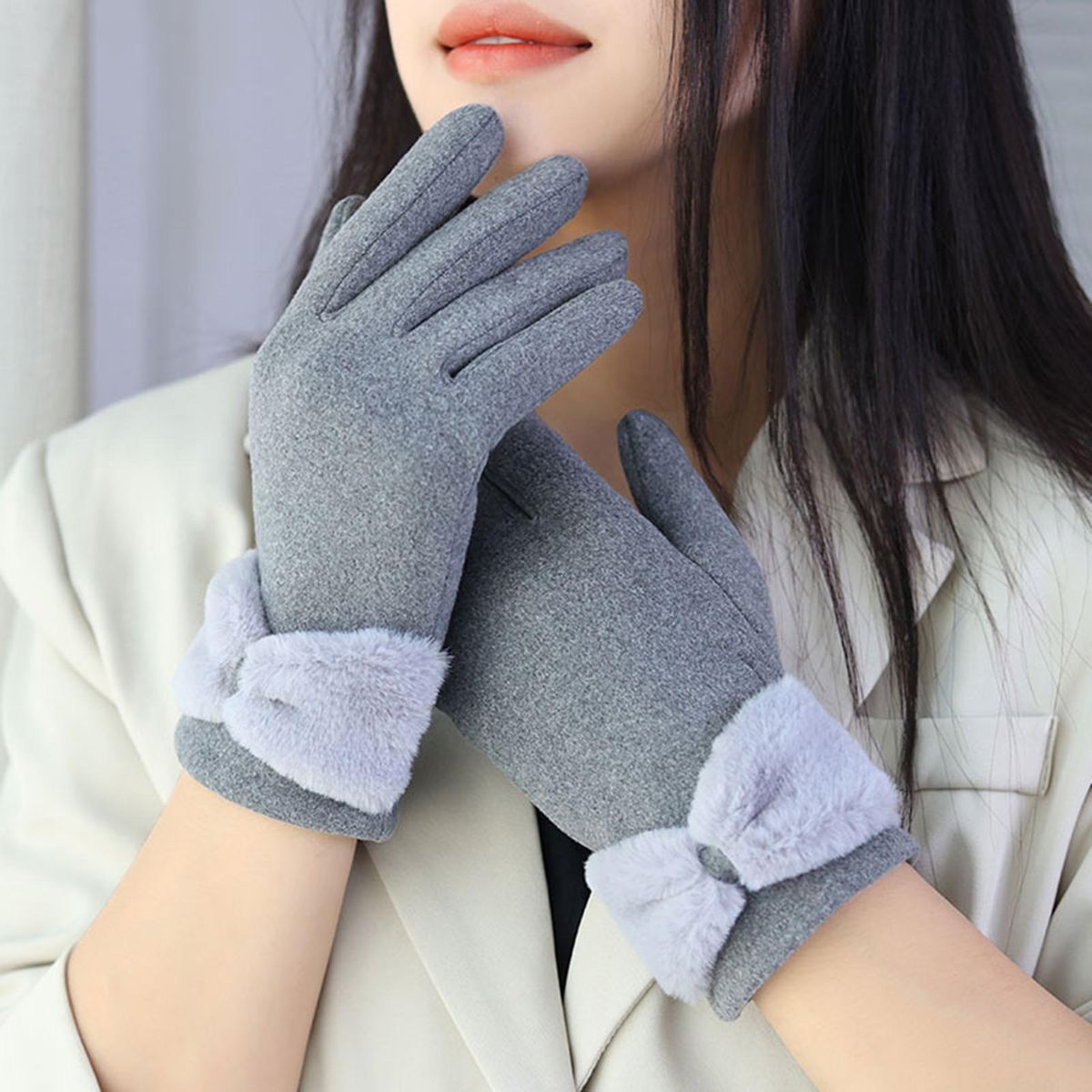 1 Pair Thermal Women Winter Double-sided Fleece Hand Protector Grey
