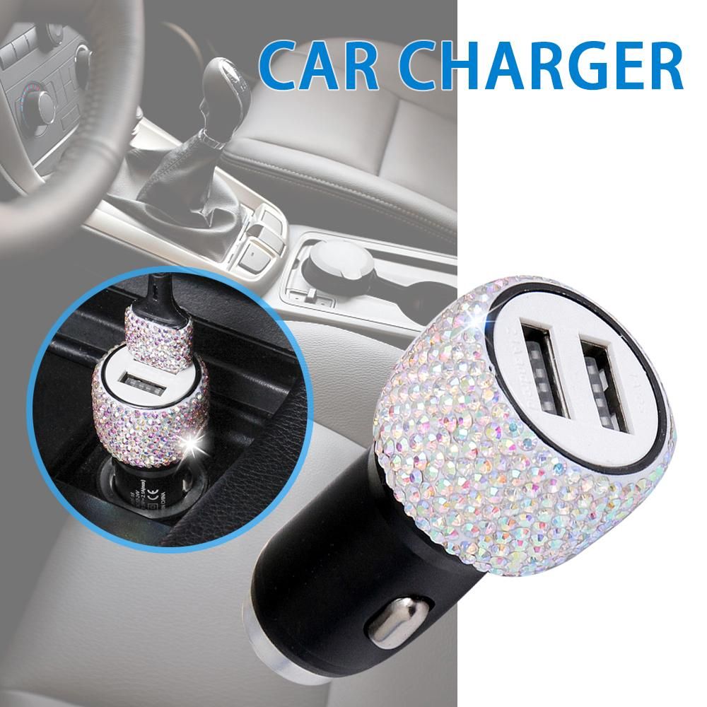 Car Charger Bling Diamond Dual USB Car Adapter Safety Hammer Handmade Rhinestones Crystal Car Decorations