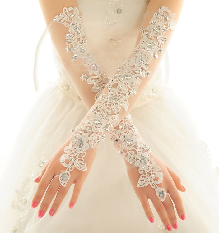 Lace Rhinestone Bridal Gloves Arm Long Fingerless Wedding White Ivory Gloves