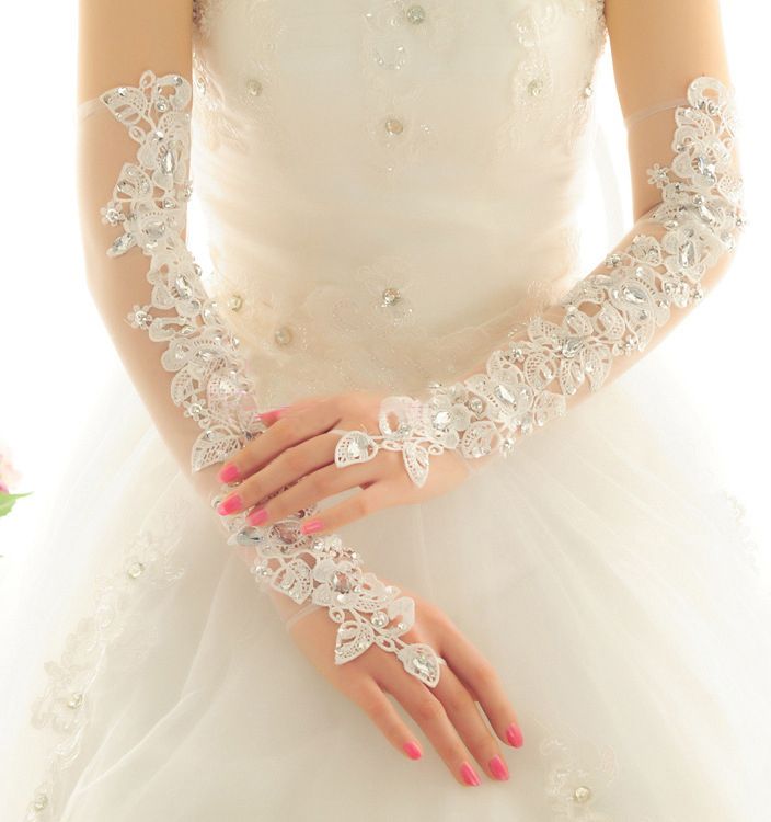 Lace Rhinestone Bridal Gloves Arm Long Fingerless Wedding White Ivory Gloves