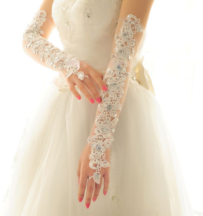 Lace Rhinestone Bridal Gloves Arm Long Fingerless Wedding White Ivory Gloves