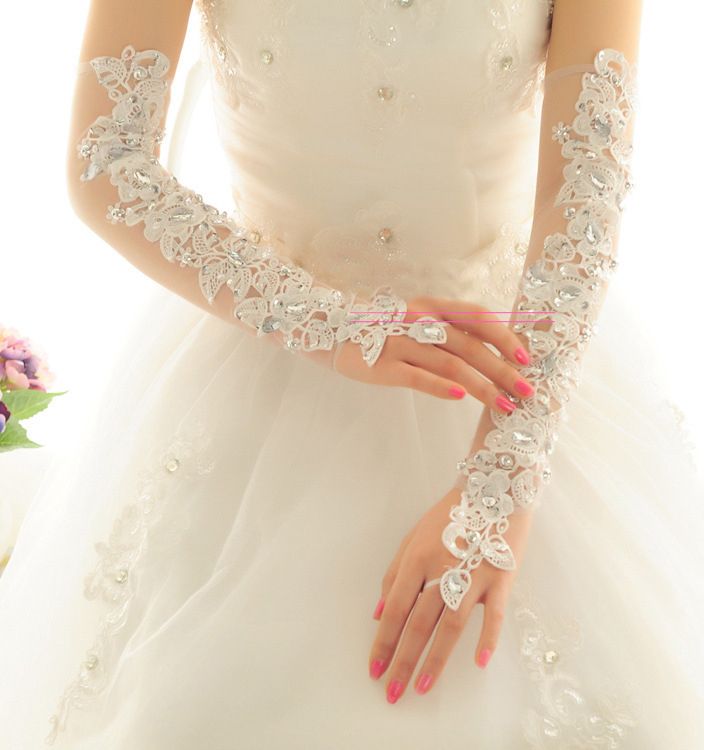 Lace Rhinestone Bridal Gloves Arm Long Fingerless Wedding White Ivory Gloves