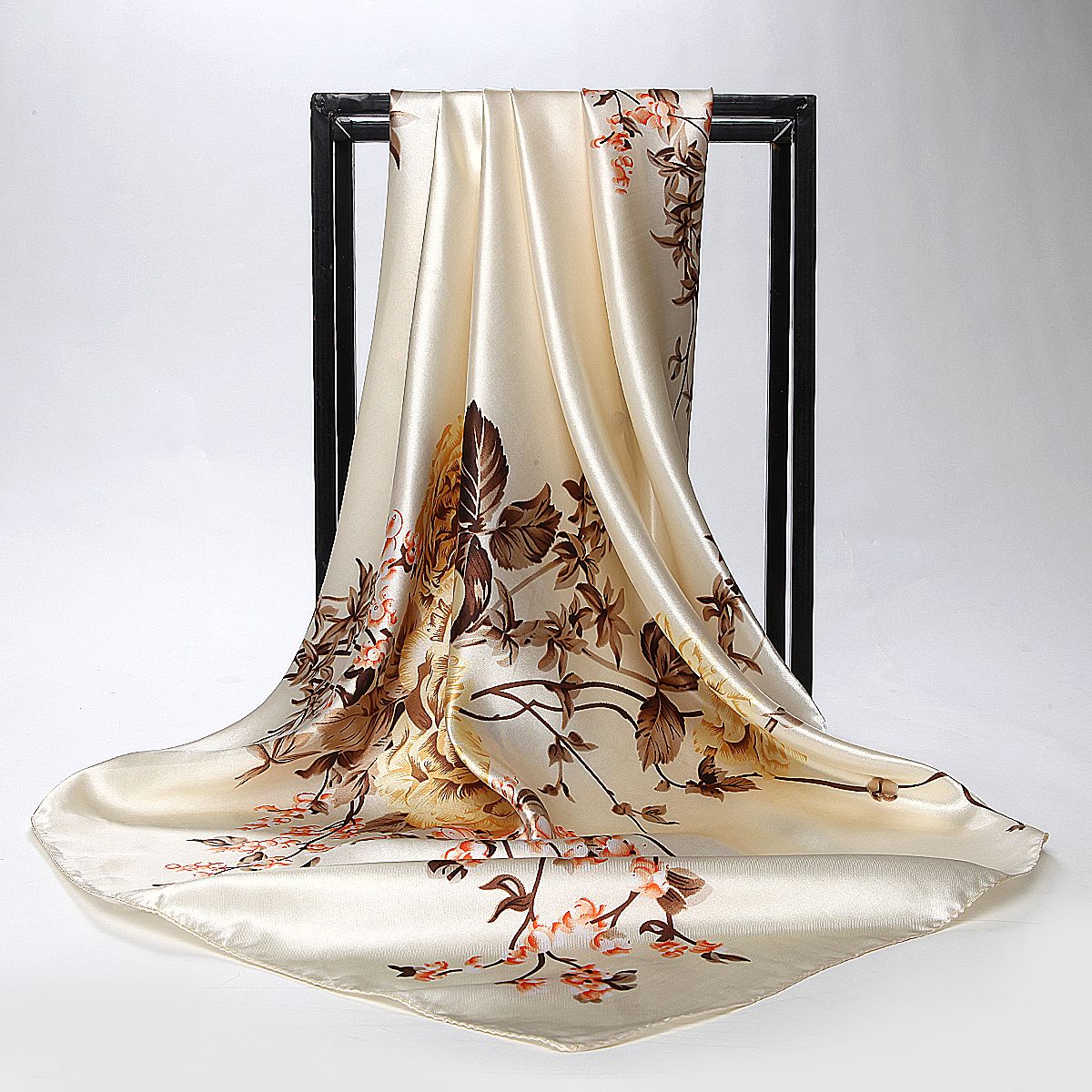 Bandana Scarf Silk Large Squares Wedding Gift Shawl Floral Shiny Lady Women Muslim Hijab Beige