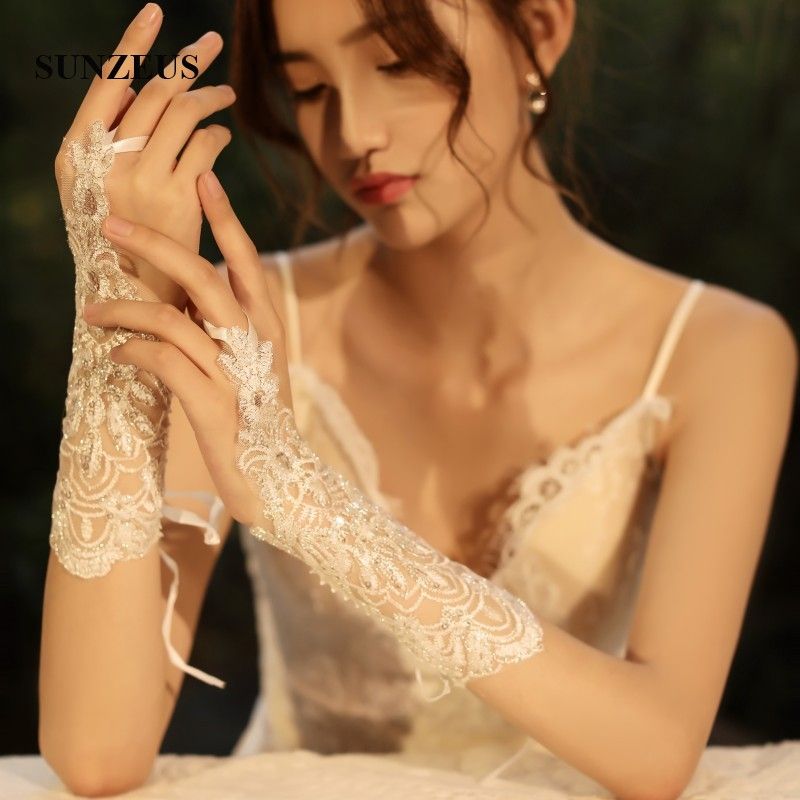 Wedding Assesoires Fingerless Bridal Gloves Silver Sequins