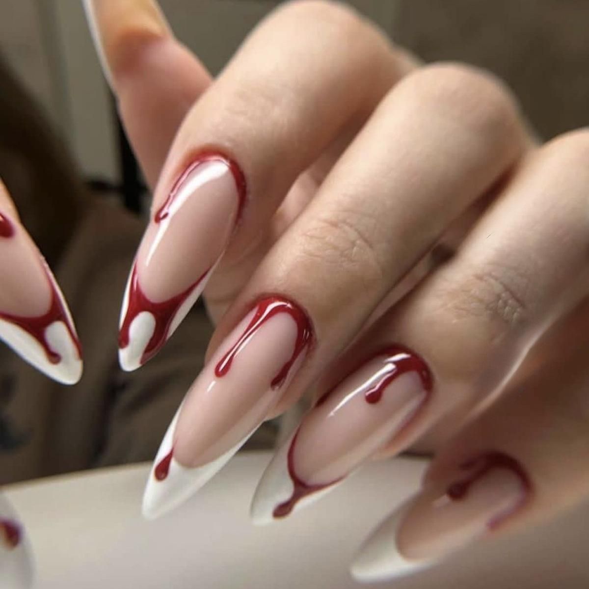 Halloween Day Long Pointed Nail Tips with Detachable Fake Blood Drops