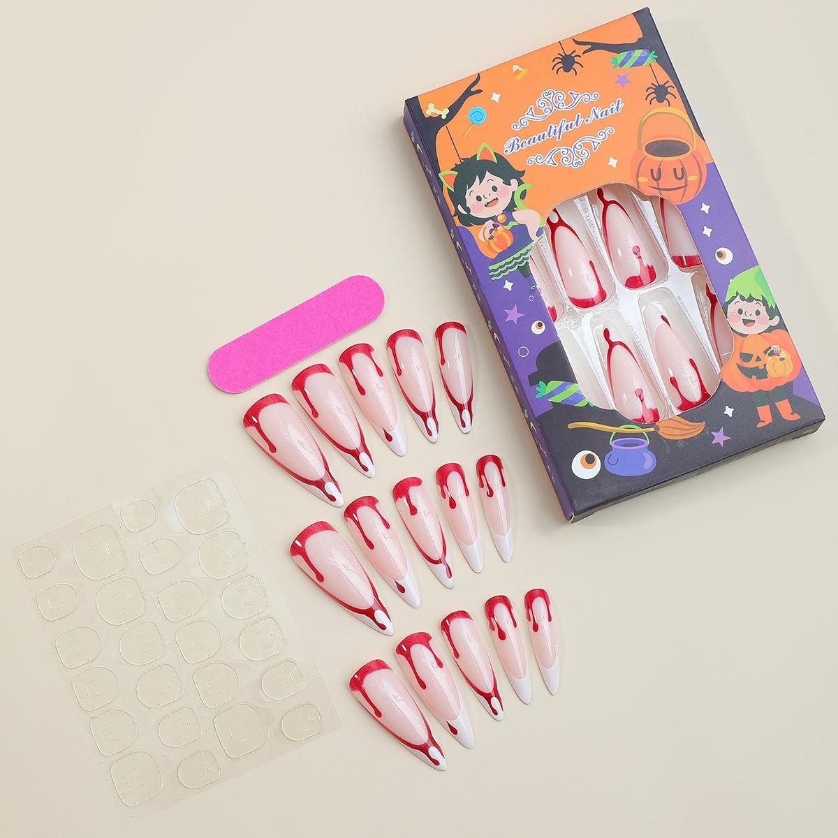 Halloween Day Long Pointed Nail Tips with Detachable Fake Blood Drops