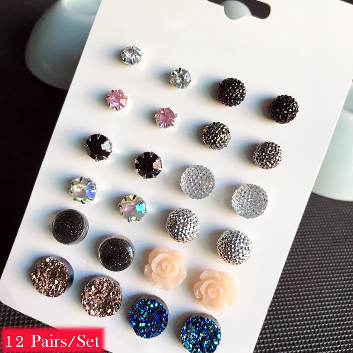 12 Pairs Ear Studs Simple Wear-resistant Women Round Rhinestone Flower Earrings Set For Party