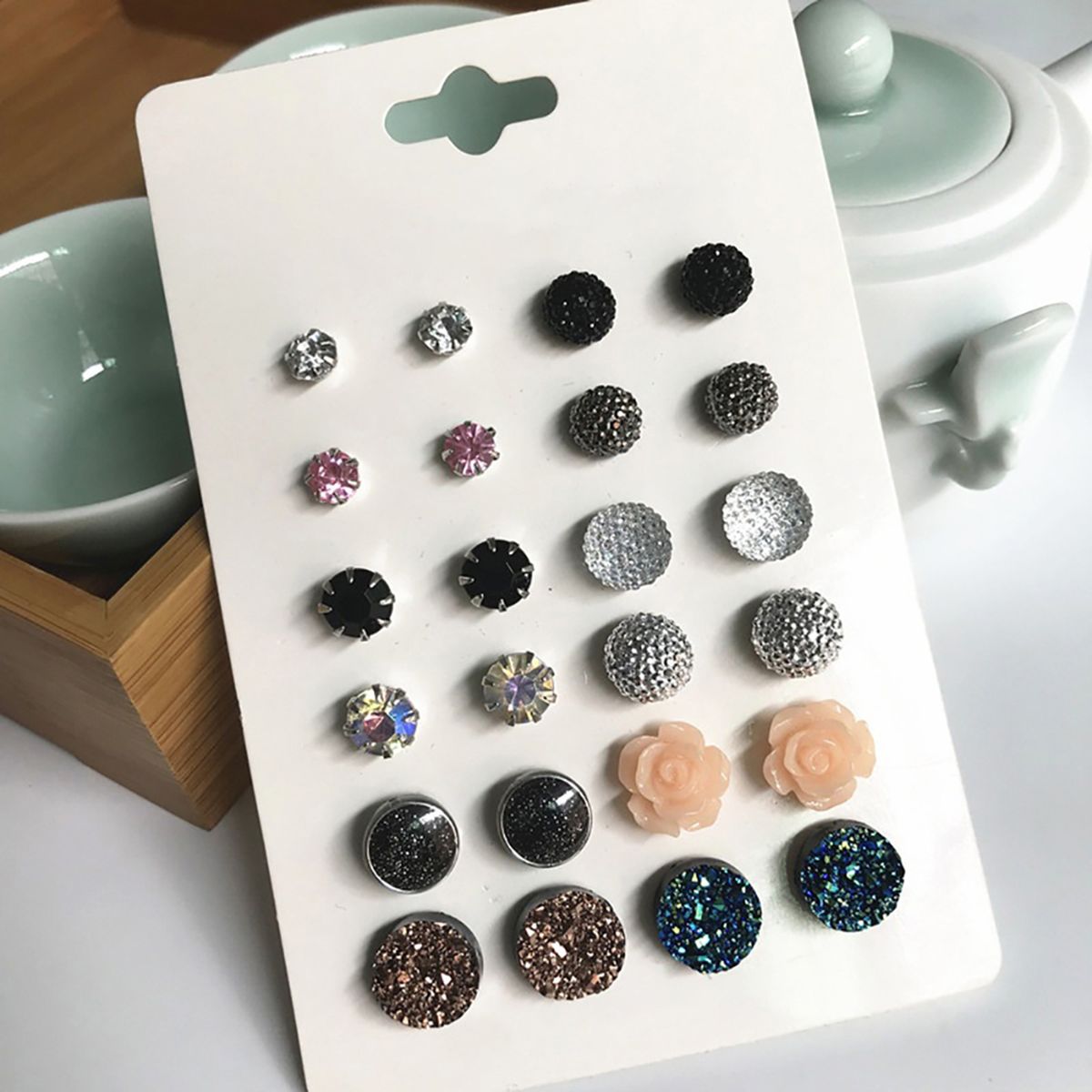 12 Pairs Ear Studs Simple Wear-resistant Women Round Rhinestone Flower Earrings Set For Party