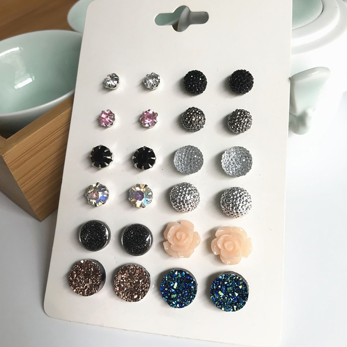 12 Pairs Ear Studs Simple Wear-resistant Women Round Rhinestone Flower Earrings Set For Party