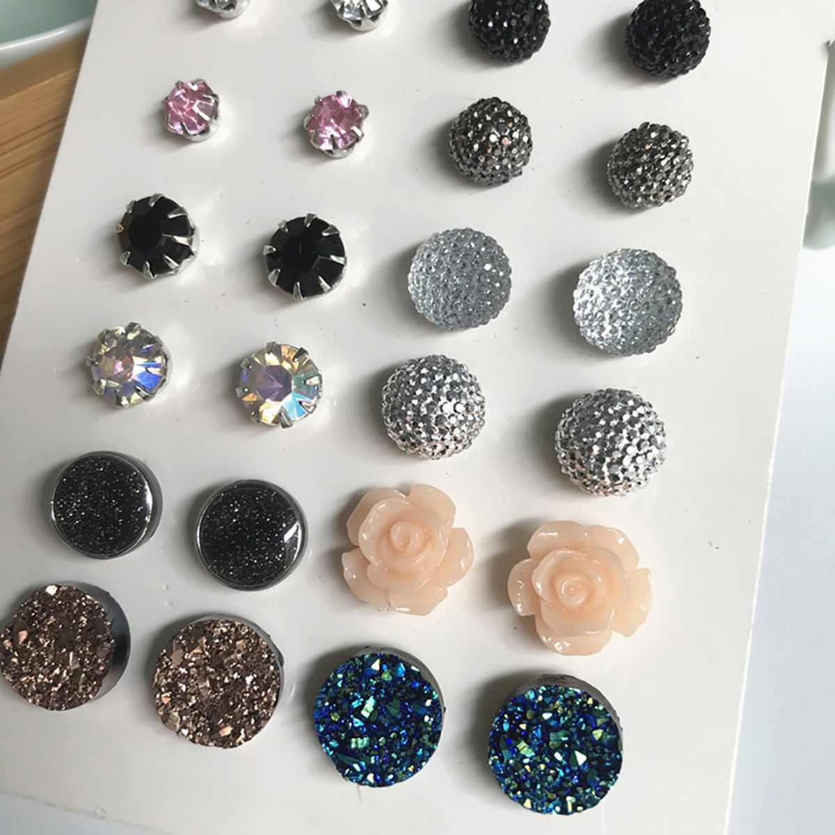12 Pairs Ear Studs Simple Wear-resistant Women Round Rhinestone Flower Earrings Set For Party