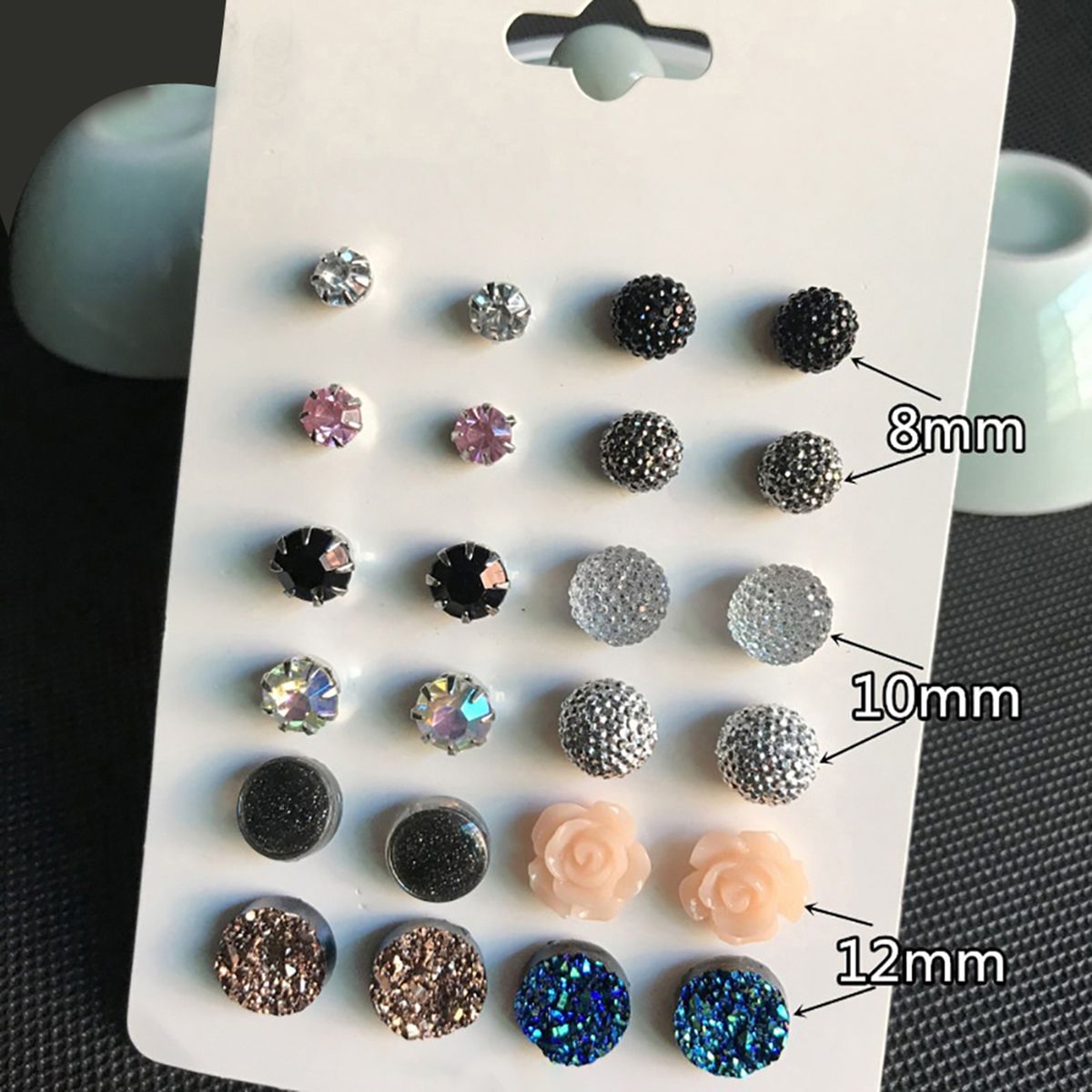 12 Pairs Ear Studs Simple Wear-resistant Women Round Rhinestone Flower Earrings Set For Party