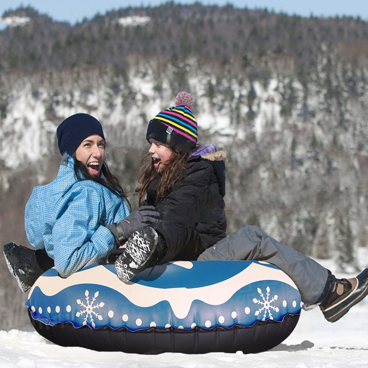 Inflatable Snow Tubes For Family With 2 Higher Handles Heavy Duty Snow Sled For Adults 47 Inches -- Black / Blue Blue