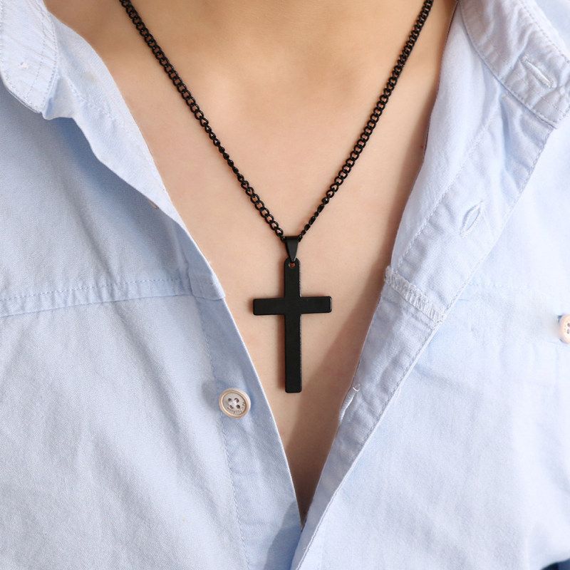 Fashion Men Simple Cross Pendant Alloy Necklace Chain-Black