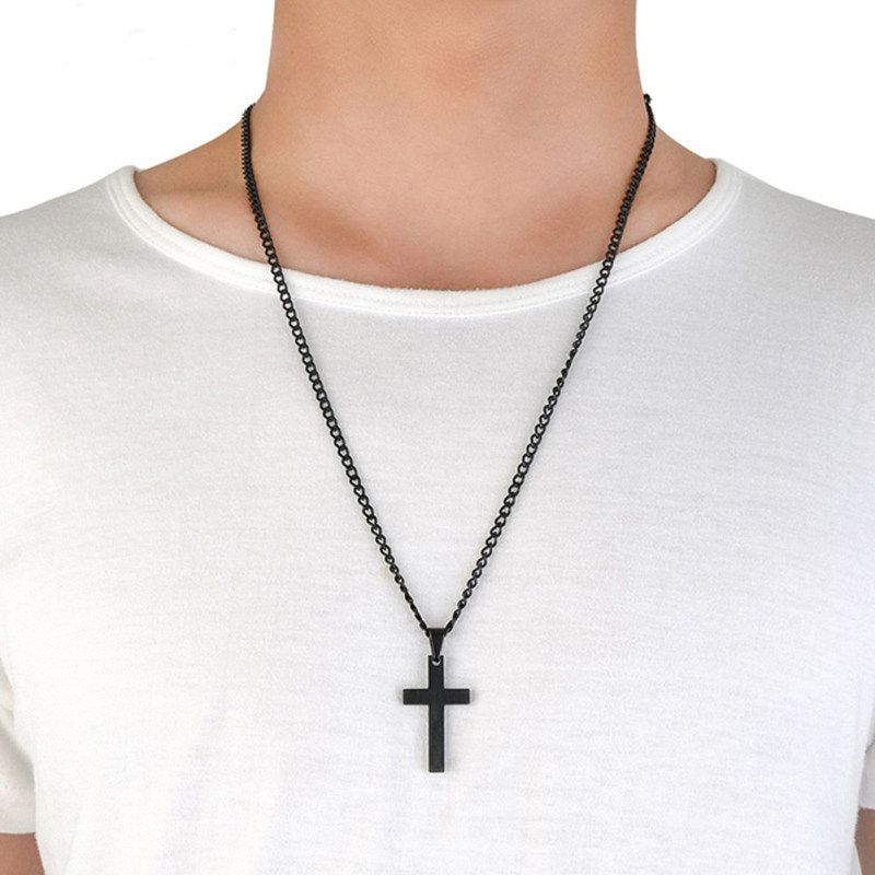 Fashion Men Simple Cross Pendant Alloy Necklace Chain-Black
