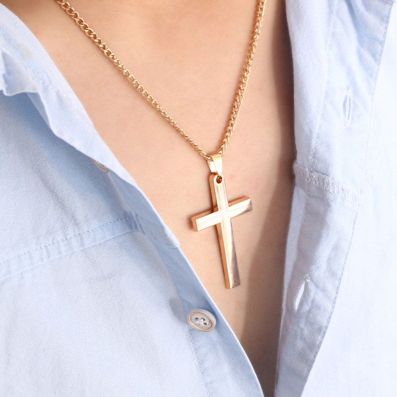 Fashion Men Simple Cross Pendant Alloy Necklace Chain-Black