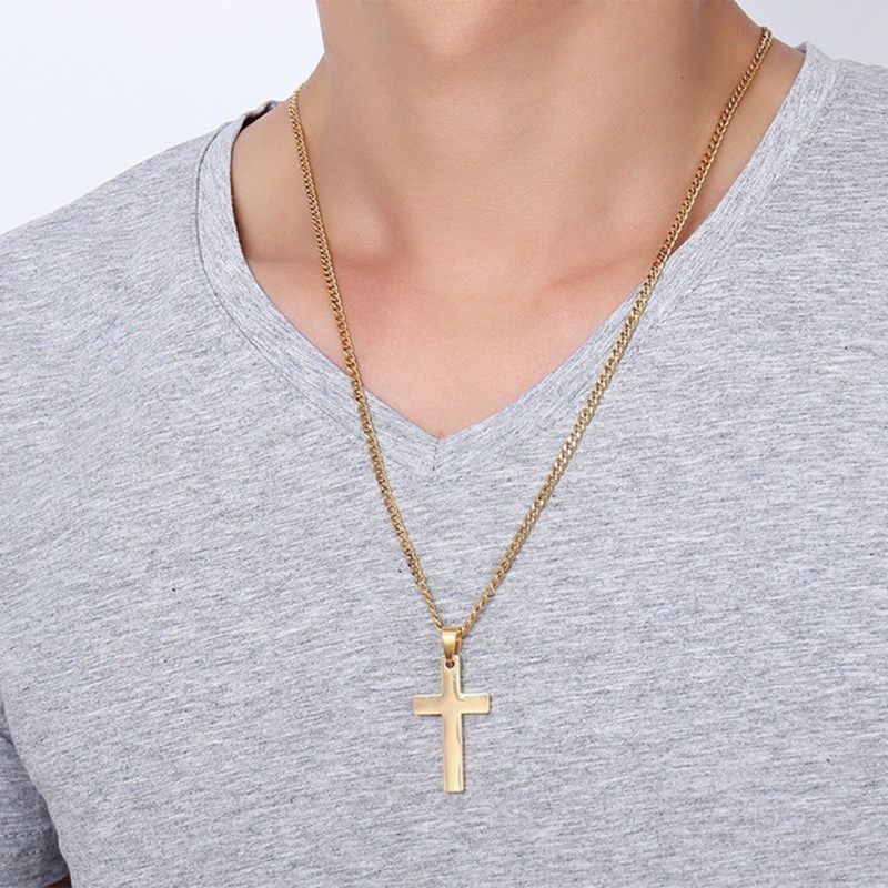 Fashion Men Simple Cross Pendant Alloy Necklace Chain-Black