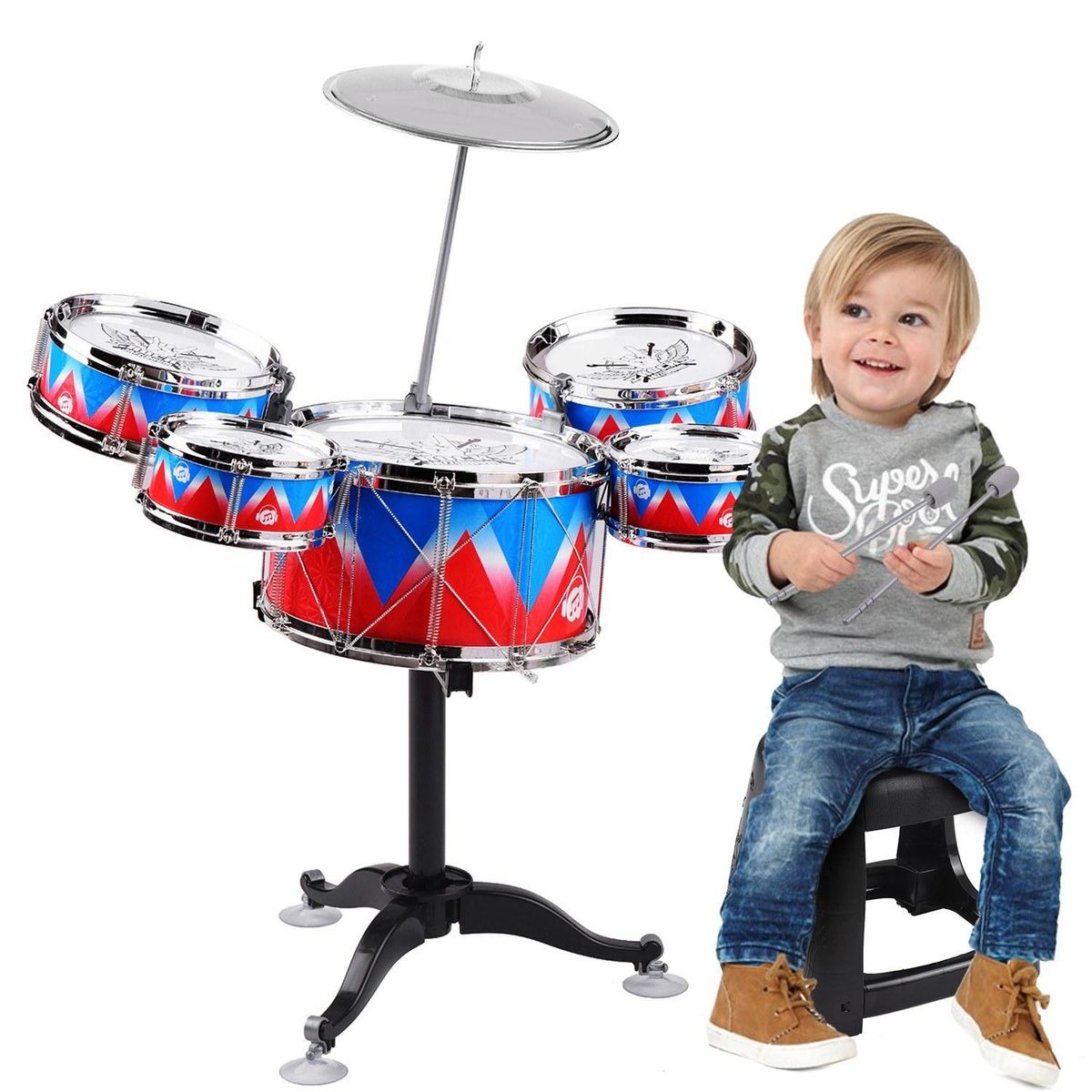 Kid Jazz Drum Set Single Drumhead 5PCS Drums with Cymbal Drumsticks Adjustable Stool Percussion Musical Instrument Toy Playset for Boy Girl Children Christmas Birthday Gift