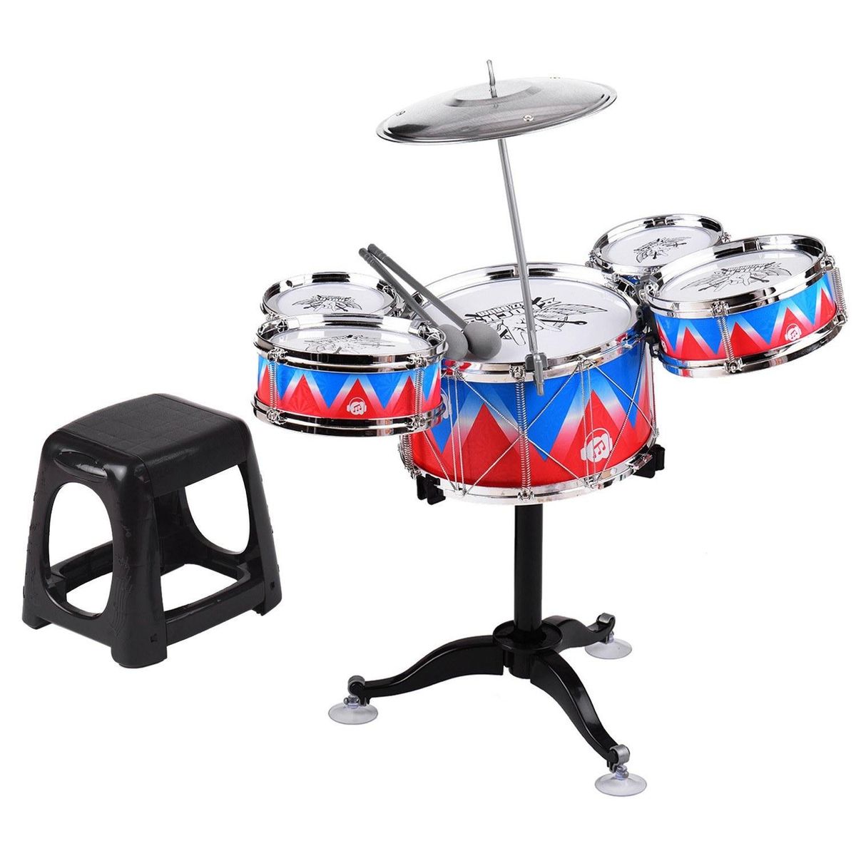 Kid Jazz Drum Set Single Drumhead 5PCS Drums with Cymbal Drumsticks Adjustable Stool Percussion Musical Instrument Toy Playset for Boy Girl Children Christmas Birthday Gift