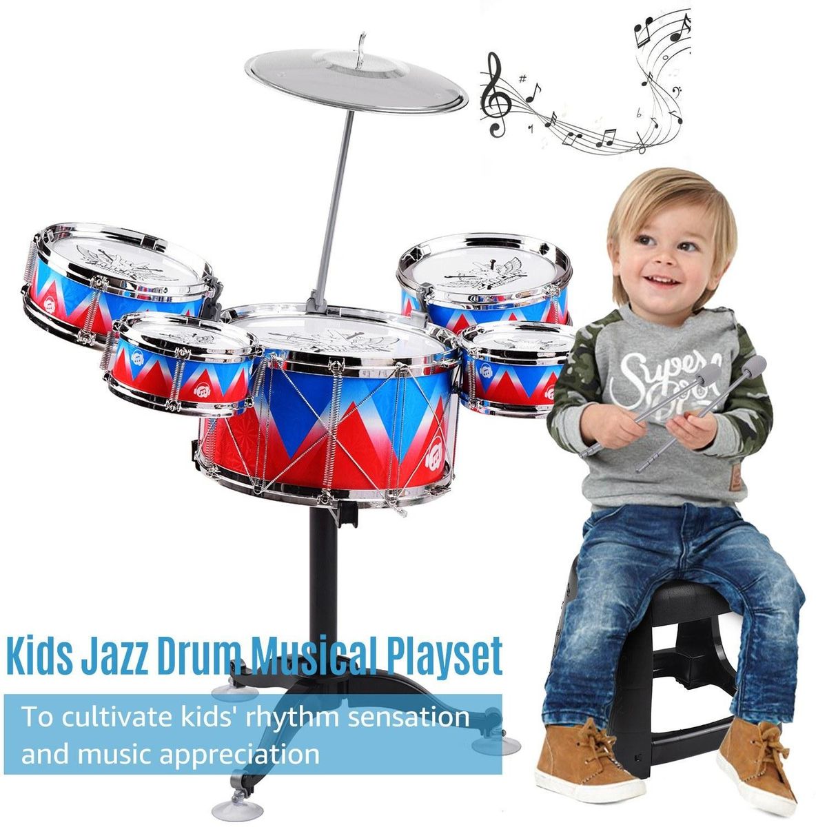 Kid Jazz Drum Set Single Drumhead 5PCS Drums with Cymbal Drumsticks Adjustable Stool Percussion Musical Instrument Toy Playset for Boy Girl Children Christmas Birthday Gift