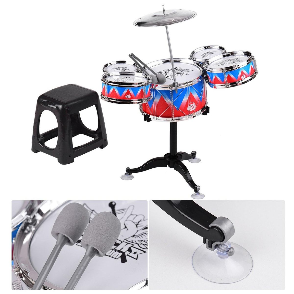 Kid Jazz Drum Set Single Drumhead 5PCS Drums with Cymbal Drumsticks Adjustable Stool Percussion Musical Instrument Toy Playset for Boy Girl Children Christmas Birthday Gift