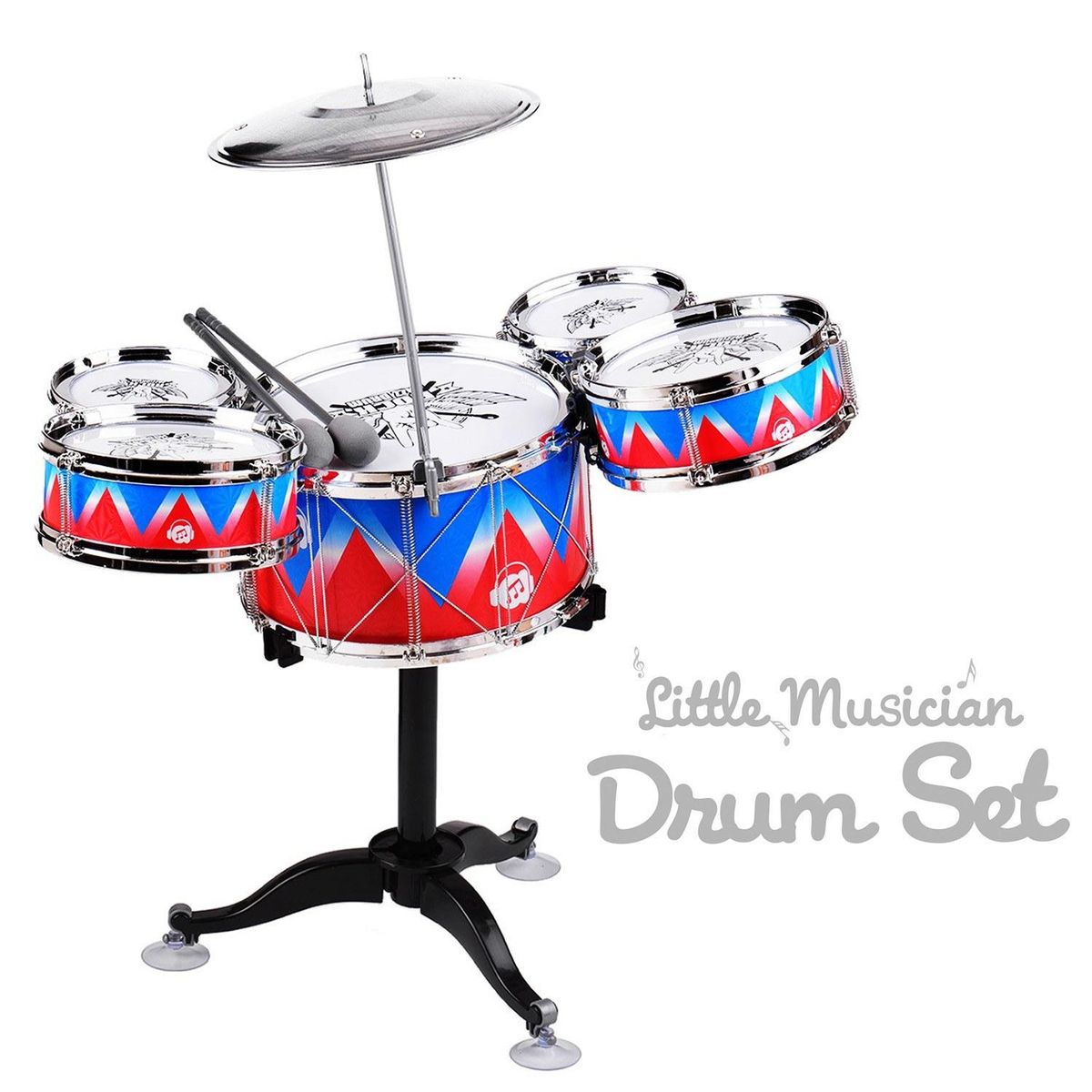 Kid Jazz Drum Set Single Drumhead 5PCS Drums with Cymbal Drumsticks Adjustable Stool Percussion Musical Instrument Toy Playset for Boy Girl Children Christmas Birthday Gift