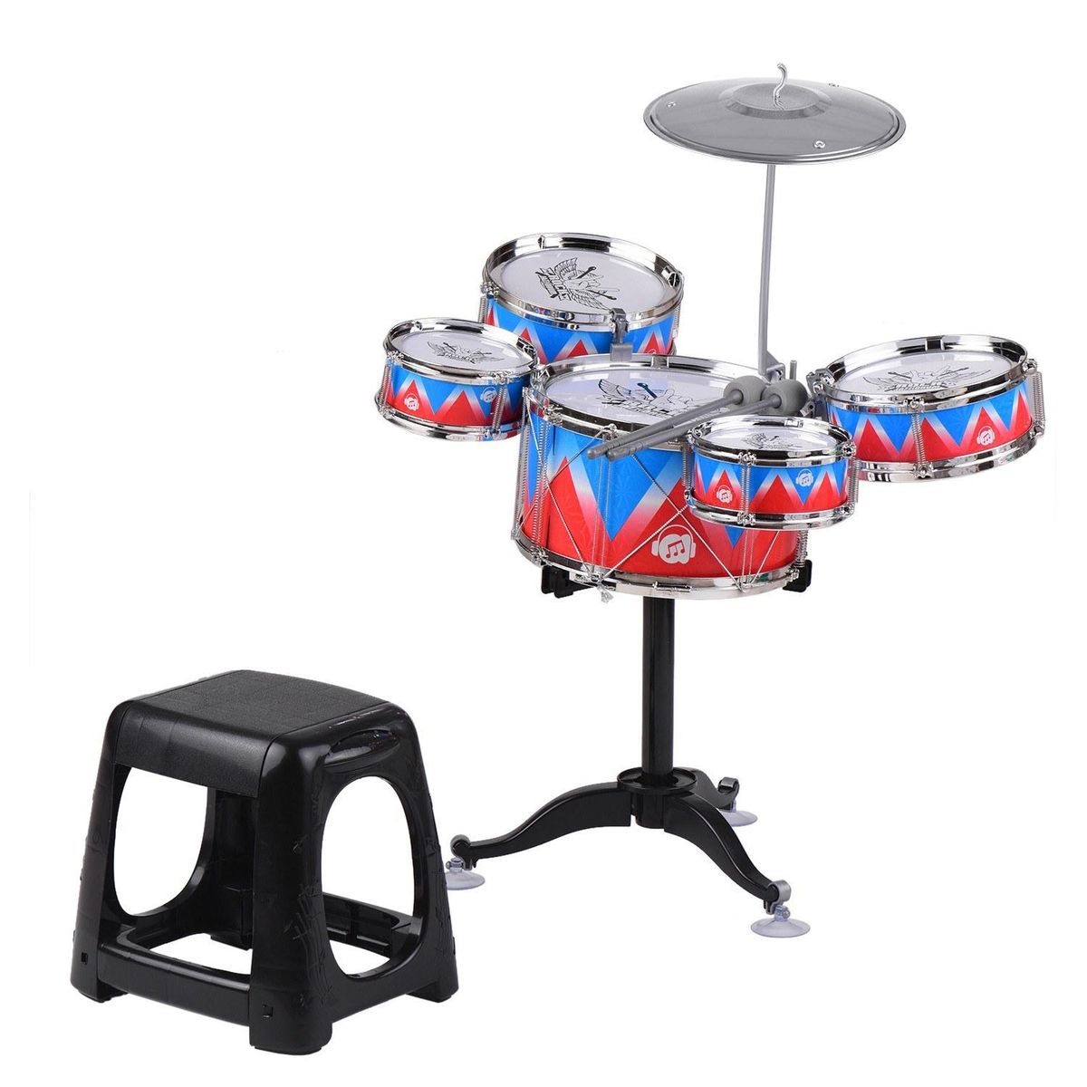 Kid Jazz Drum Set Single Drumhead 5PCS Drums with Cymbal Drumsticks Adjustable Stool Percussion Musical Instrument Toy Playset for Boy Girl Children Christmas Birthday Gift