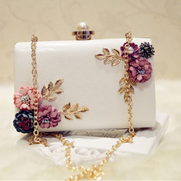 White Women Leather Evening Bag Dinner Party Lady Wedding Flower Clutch Purse