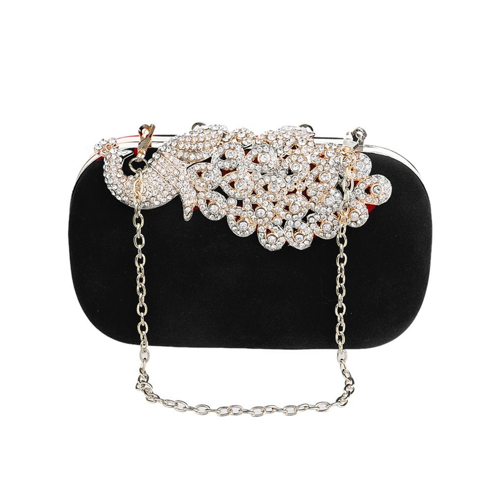 Women Evening Clutch Bag Rhinestone Peacock Wedding Bridal Purse-Black
