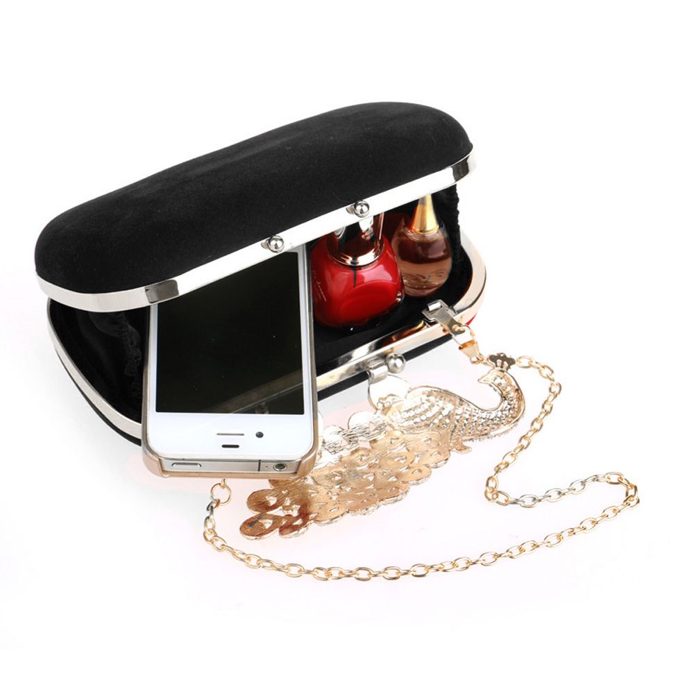 Women Evening Clutch Bag Rhinestone Peacock Wedding Bridal Purse-Black