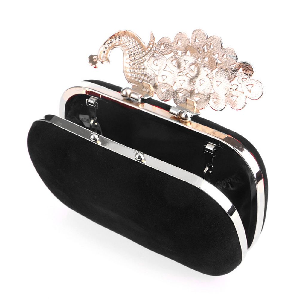Women Evening Clutch Bag Rhinestone Peacock Wedding Bridal Purse-Black