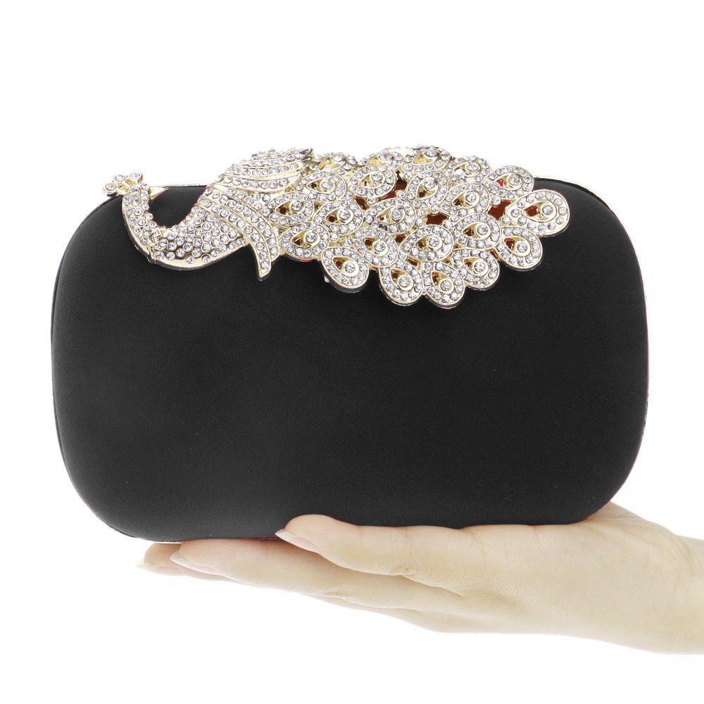 Women Evening Clutch Bag Rhinestone Peacock Wedding Bridal Purse-Black