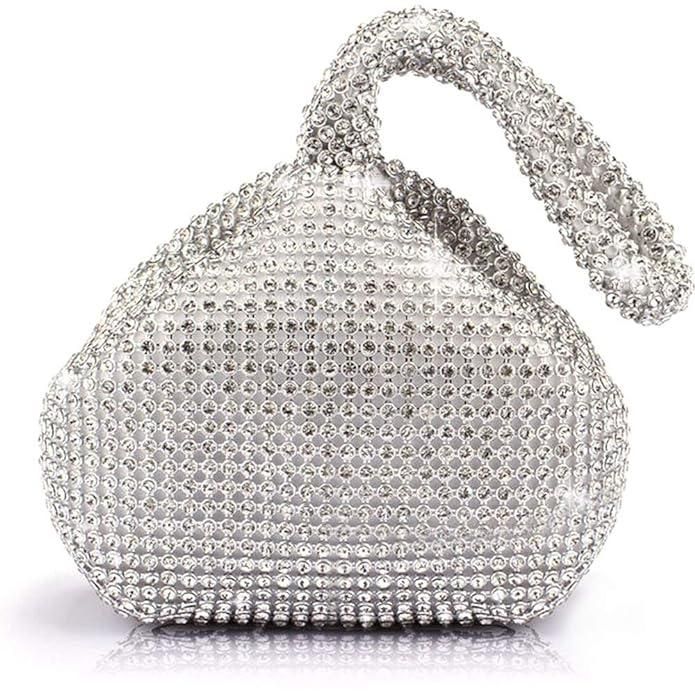 Women Rhinestone Trihedral Clutch Evening Bag Bling Zipper Wedding Purse (Silver)