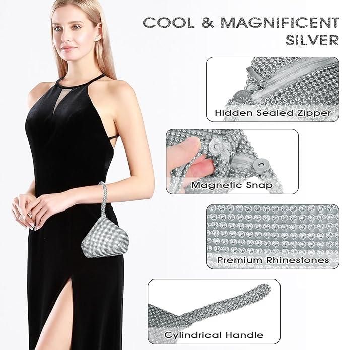 Women Rhinestone Trihedral Clutch Evening Bag Bling Zipper Wedding Purse (Silver)