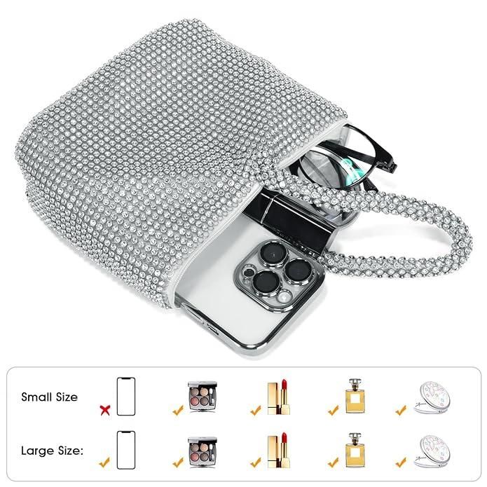 Women Rhinestone Trihedral Clutch Evening Bag Bling Zipper Wedding Purse (Silver)