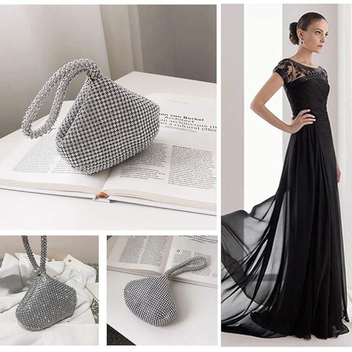 Women Rhinestone Trihedral Clutch Evening Bag Bling Zipper Wedding Purse (Silver)