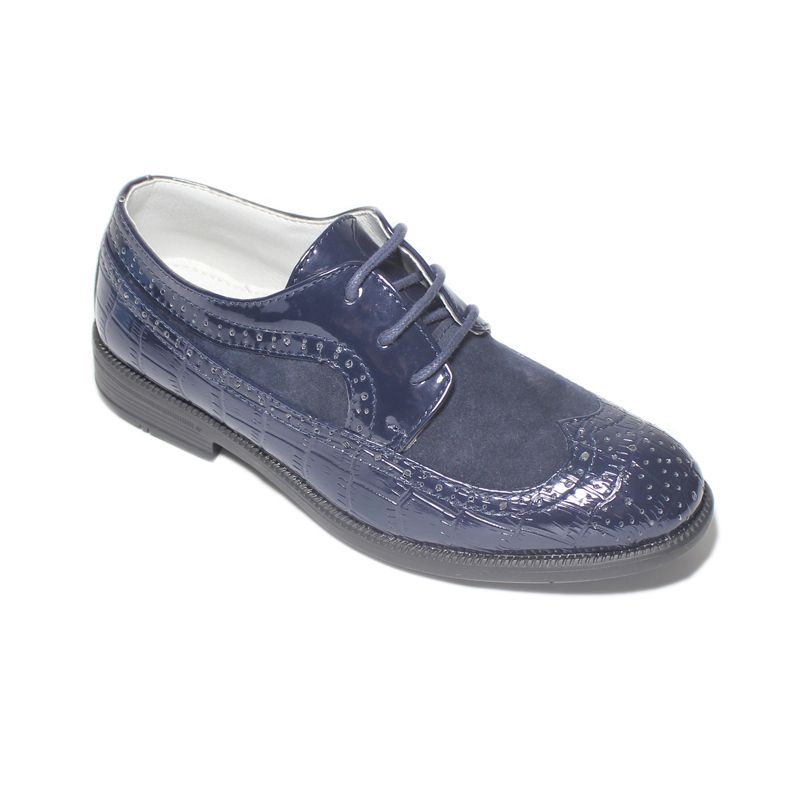 Boys Formal Shoes Navy Blue Suede Faux Patent Leather Oxford