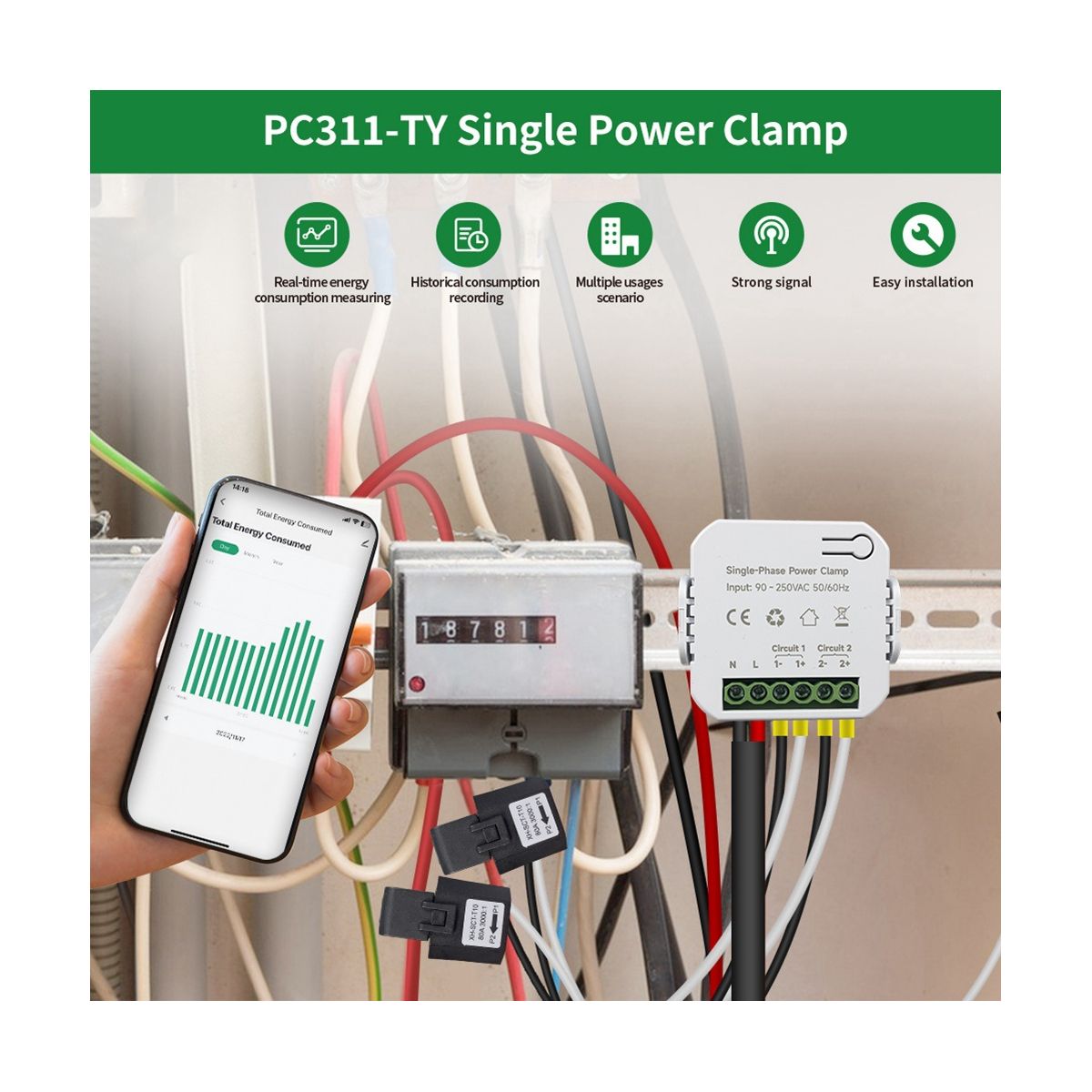 Tuya Smart WiFi Energy Meter 80A with Current Transformer Clamp KWh Power Monitor Electricity Statistics 90- 250V2CT