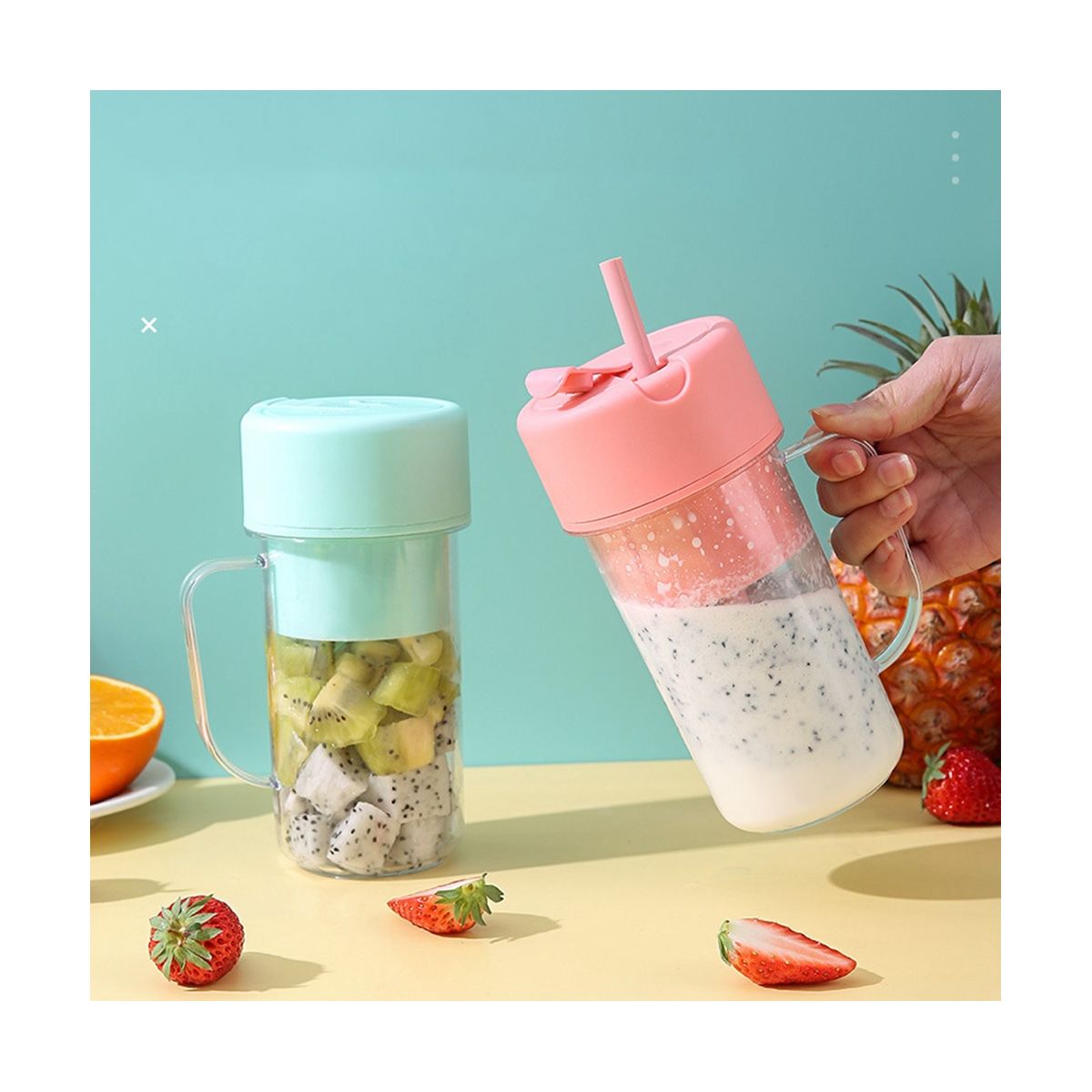 Electric Juicer Mini Portable Blender Fruit Mixers Extractors Multifunction Juice Maker Machine Blender with Straw Blue