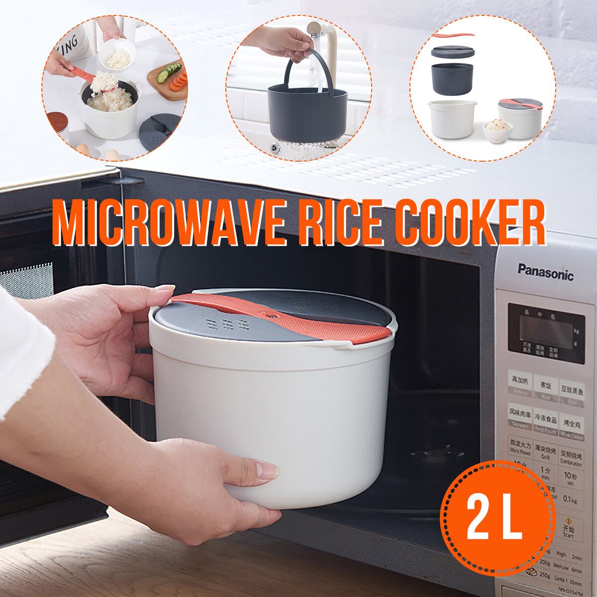 2L Microwave Rice Cooker Microwave Rice Steamer Bowl Cooker Tools Kitchen Utensils Orange