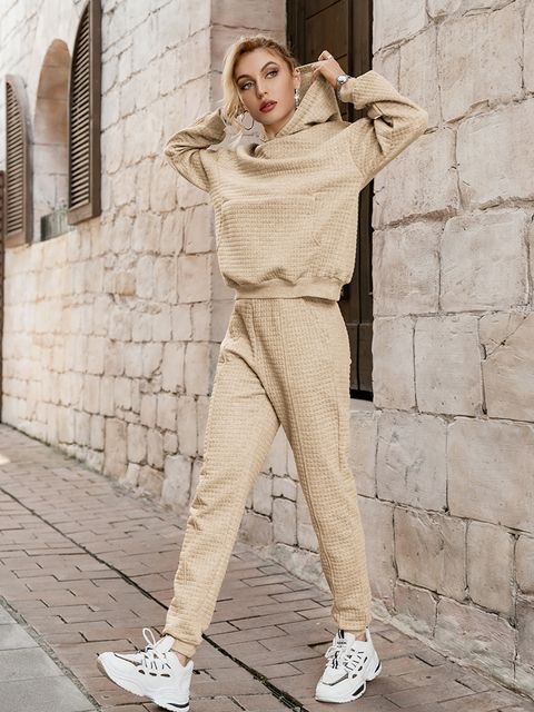 Women Raglan Sleeve Pocket Hoodie Two-Piece Tracksuit Sportwear Set - Khaki