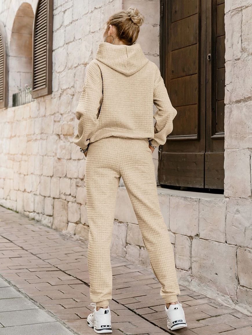 Women Raglan Sleeve Pocket Hoodie Two-Piece Tracksuit Sportwear Set - Khaki