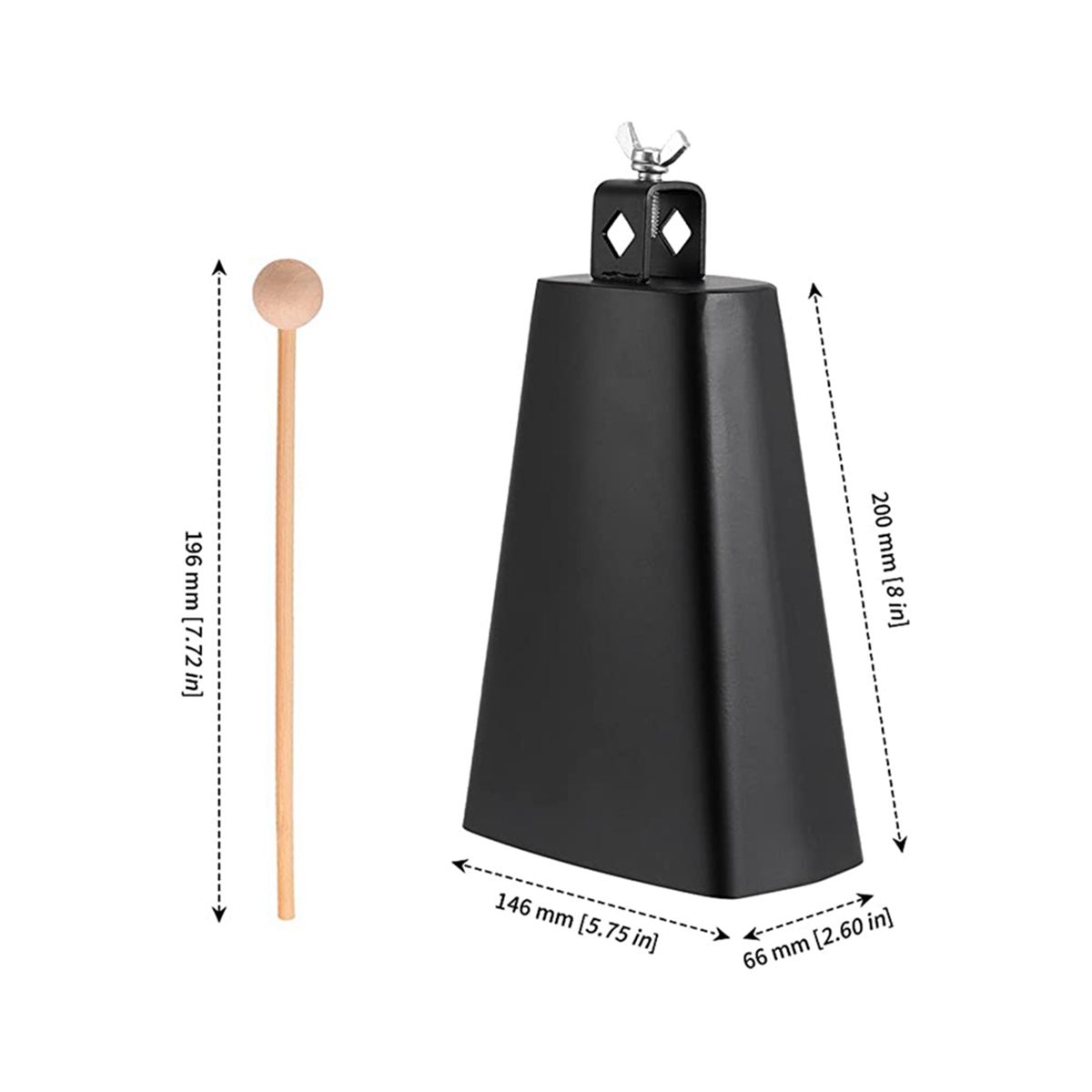 2 x 8 Inch Manual Percussion Cowbell with Wooden Sticks for Drum Set Sports Home Farm Black