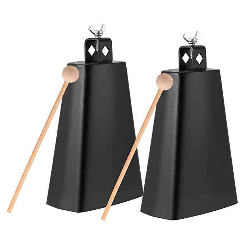 2 x 8 Inch Manual Percussion Cowbell with Wooden Sticks for Drum Set Sports Home Farm Black