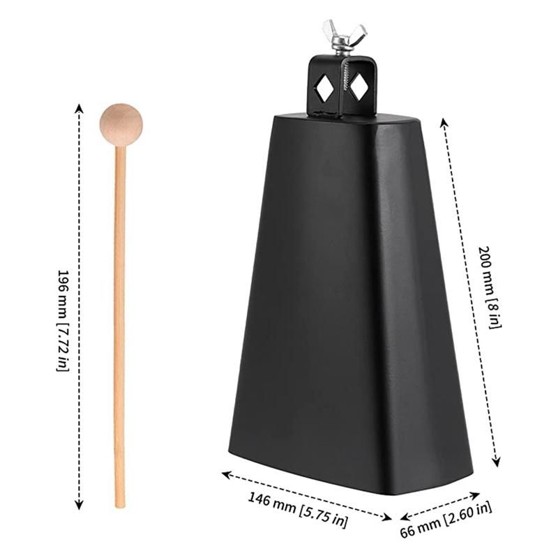 2 x 8 Inch Manual Percussion Cowbell with Wooden Sticks for Drum Set Sports Home Farm Black